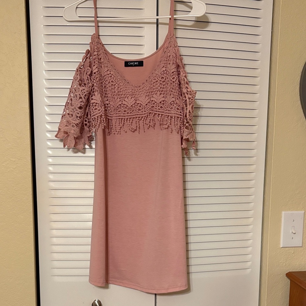 ChicMe Dusty Pink Crochet Cold-Shoulder Dress
